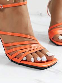 Women's High Heel Sandals Orange Open Toe Square Toe Strappy Sandals Orange High Heels, Summer - Orange - View 3