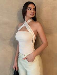 SHEIN X Jessie SHEIN Essnce Solid Color Sleeveless Knitted Halterneck Top - Apricot - View 7