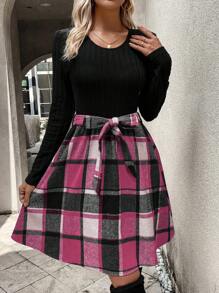 SHEIN LUNE Round Neck Long Sleeve Patchwork Plaid Dress - Pink - View 4