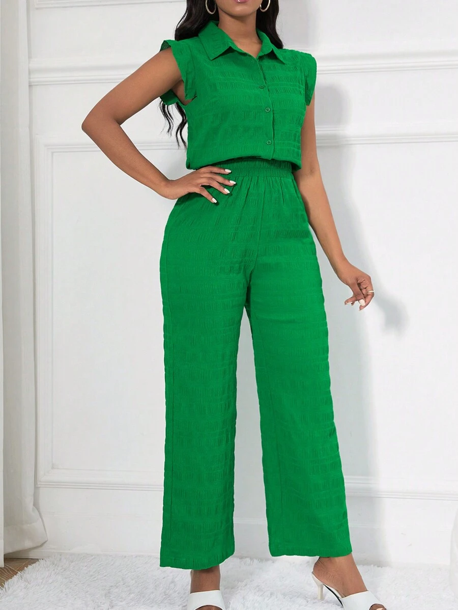 SHEIN Clasi Women's Sleeveless Textured Blouse And Pants Two-Piece Set - Green - View 1