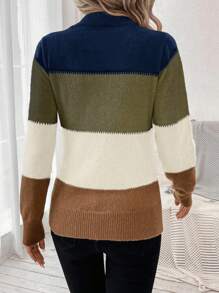 SHEIN LUNE Women's Color Block Round Neck Comfortable Warm Pullover Sweater With Patchwork For Autumn And Winter - Multicolor - View 2