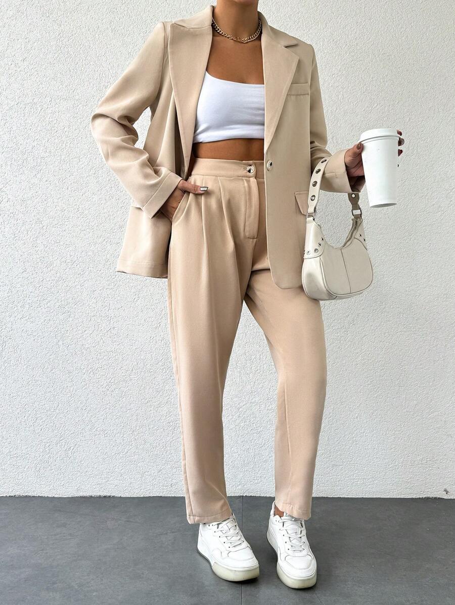 EURMUSE Solid Color Lapel Single Button Suit Jacket And Tapered Trousers - Apricot - View 1