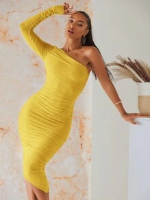 SHEIN BAE 女士单肩长袖褶皱紧身连衣裙 - 黃色 - 查看 5