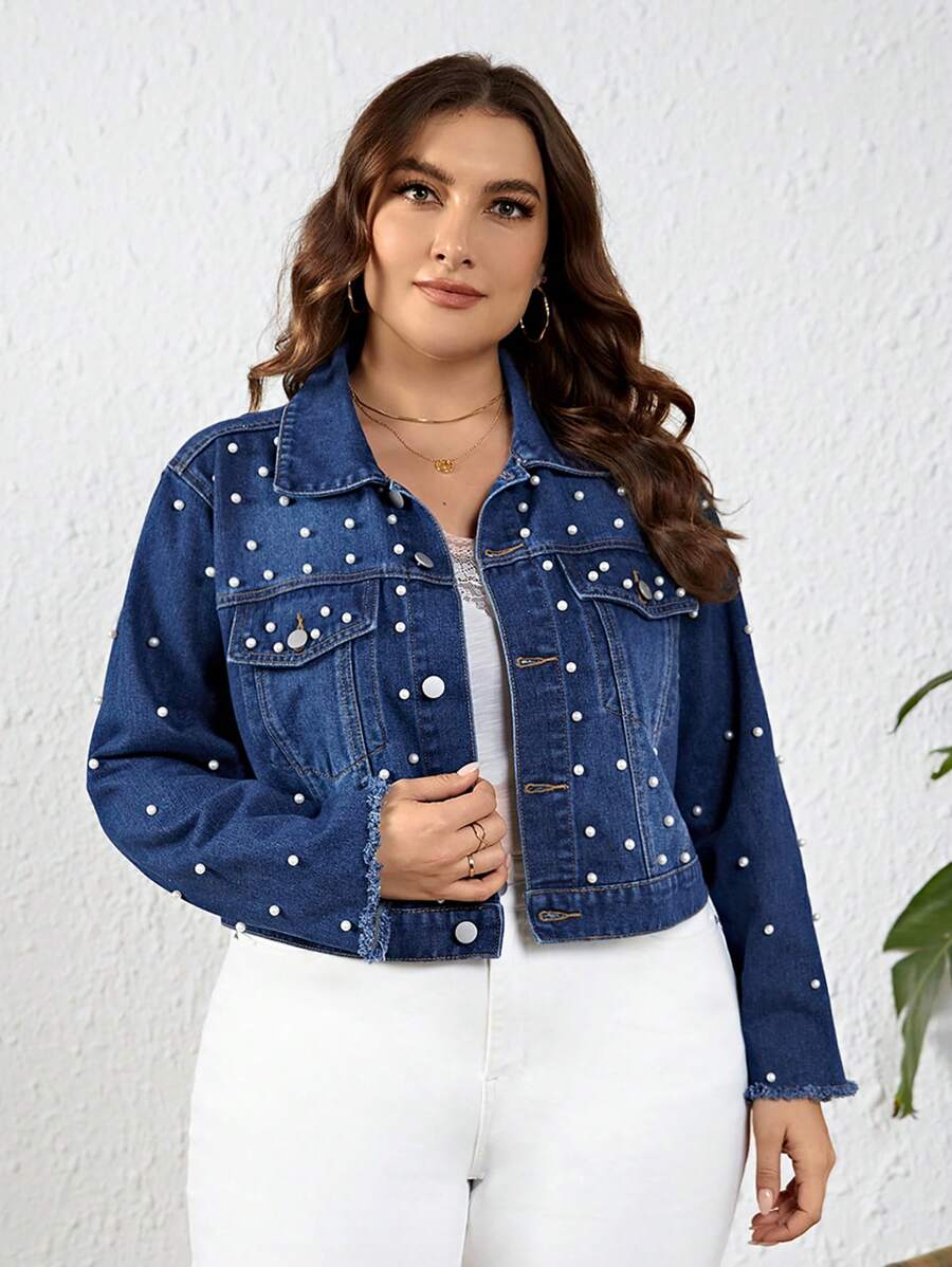 Của phụ nữ Kích thước lớn Trang trí Sọc Áo khoác denim - Rửa tối - Xem 1
