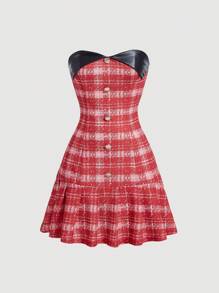 SHEIN MOD 女士彈性肩帶休閒裝荷葉邊格子連衣裙 - 紅色 - 查看 1