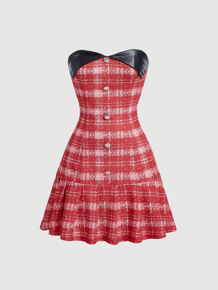 Women'S Gingham Strapless Dress With Ruffle Hem