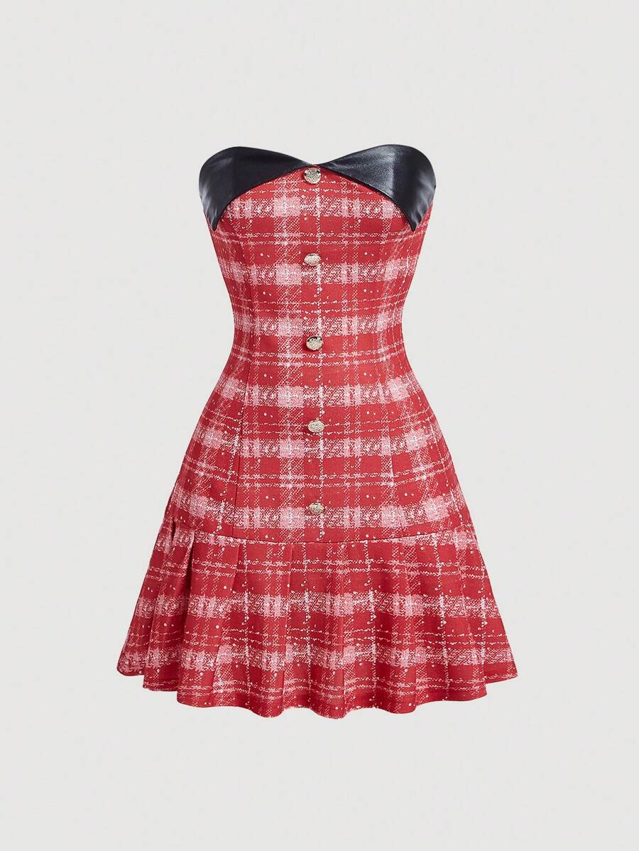 SHEIN MOD 女士彈性肩帶休閒裝荷葉邊格子連衣裙 - 紅色 - 查看 1