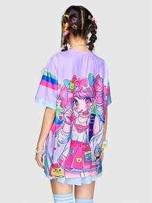 ROMWE Anime Camiseta con estampado de personajes de dibujos animados coloridos y adorables, de talla grande, para señoras, escuela