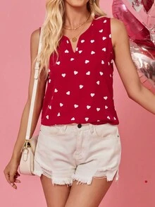 SHEIN LUNE 浪漫的情人節心形印花女士背心 - 紅色 - 查看 5