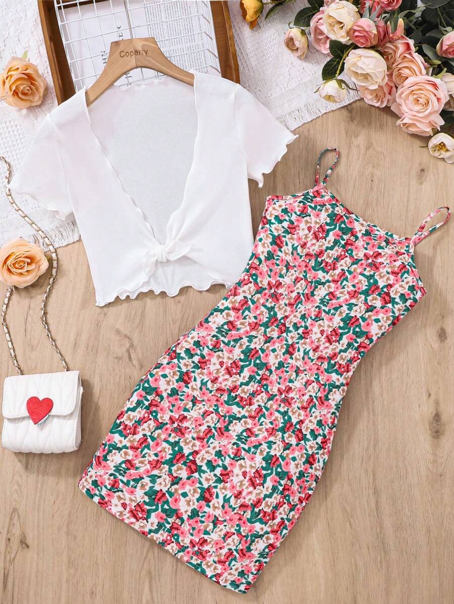 SHEIN Teen Girl' Knitted Ribbed Crop Top And Floral Cami Dress Casual 2pcs Set - Multicolor - View 1