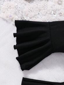 Conjunto de blusa de bloques de color y pantalones acampanados sólidos para bebé niña - Negro - Ver 8