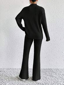 SHEIN EZwear 立領長袖T恤與編織長裤套裝 - 黑色 - 查看 2