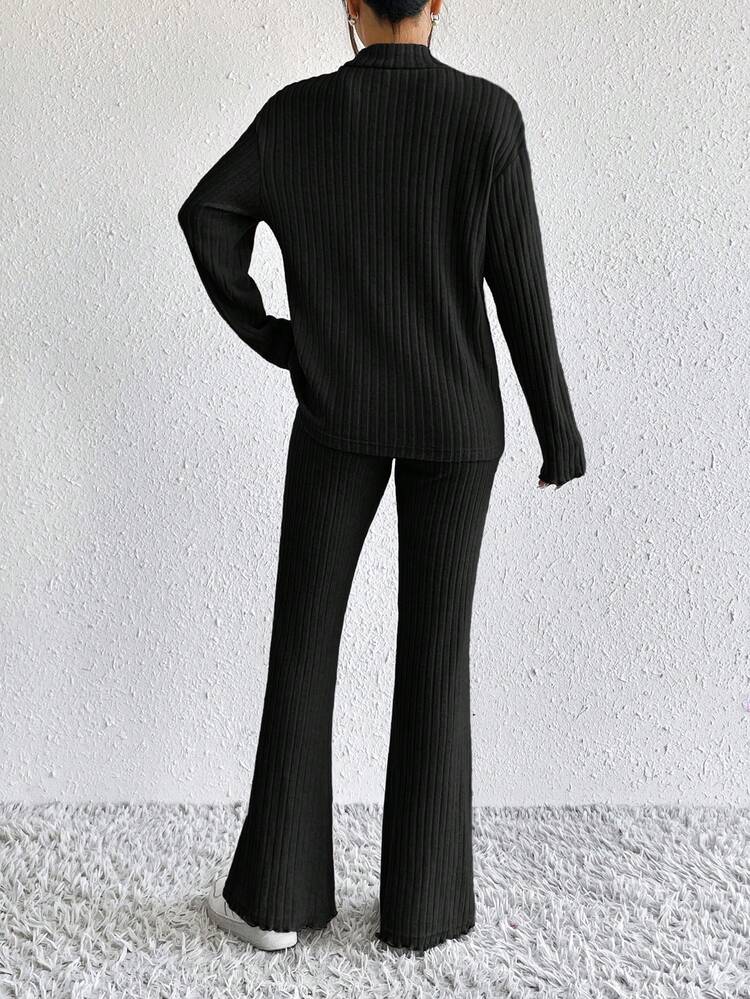 SHEIN EZwear 立領長袖T恤與編織長裤套裝 - 黑色 - 查看 2