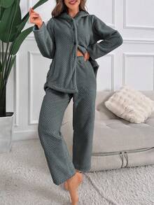Women's Plush Pajama Set With Button-Up Top And Pants, 3d Ear Detailing - Dark Grey - View 3