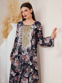 Al Najma Women's Floral Printed Heat-Pressed Rhinestone & Embroidery Decor Round Neck Dress - Black - View 4