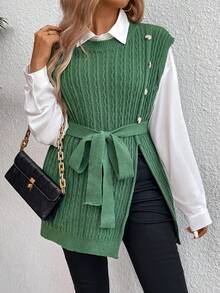 SHEIN LUNE 大尺碼1件針織毛衣背心,設有帶鈕扣裝飾的裂縫式下擺和腰帶 - 綠色 - 查看 5