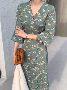 DAZY Women'S Elegant Floral Print Wrap Neckline Dress - Green - View 1