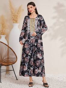 Al Najma Women's Floral Printed Heat-Pressed Rhinestone & Embroidery Decor Round Neck Dress - Black - View 1