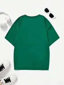 SHEIN 青少年男孩寬鬆休閒圓領卡通圖案t恤 - 綠色 - 查看 2