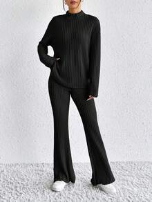 SHEIN EZwear 立領長袖T恤與編織長裤套裝 - 黑色 - 查看 4