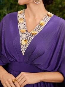 Al Najma Của phụ nữ Trang trí hoa Ren Vá lại Long lanh tay cánh Đầm - Màu tím - Xem 4