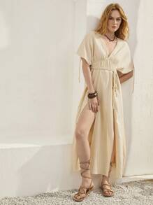 Bohemela 女式海灘度假蝙蝠袖雙面開衩連身裙 - 杏色 - 查看 4