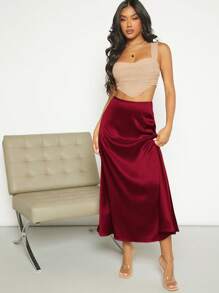 SHEIN Privé Falda Larga De Satén Para Mujer - Burdeos - Ver 4