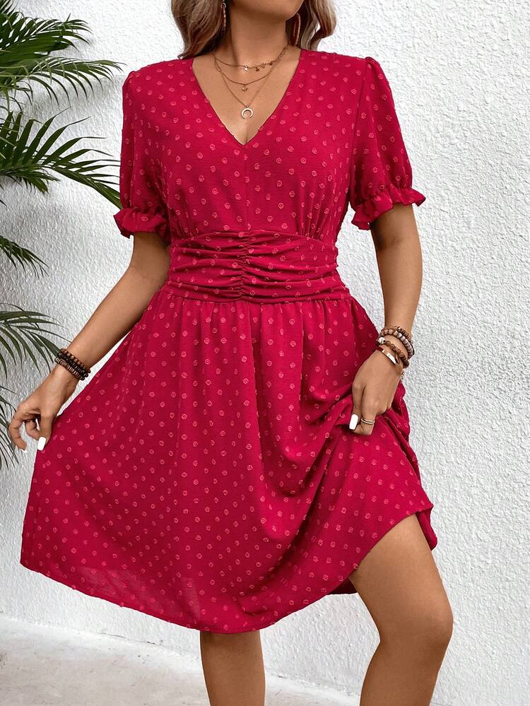 Plus Size Women's Swiss Dot Print Waist Cinched Dress