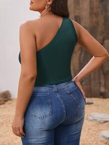 Calvaya 大尺碼單肩薄紗條紋針織背心 - 墨綠色 - 查看 2