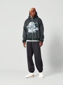 Zip Through Hoodie With Front Graphic - Dark Grey - View 4