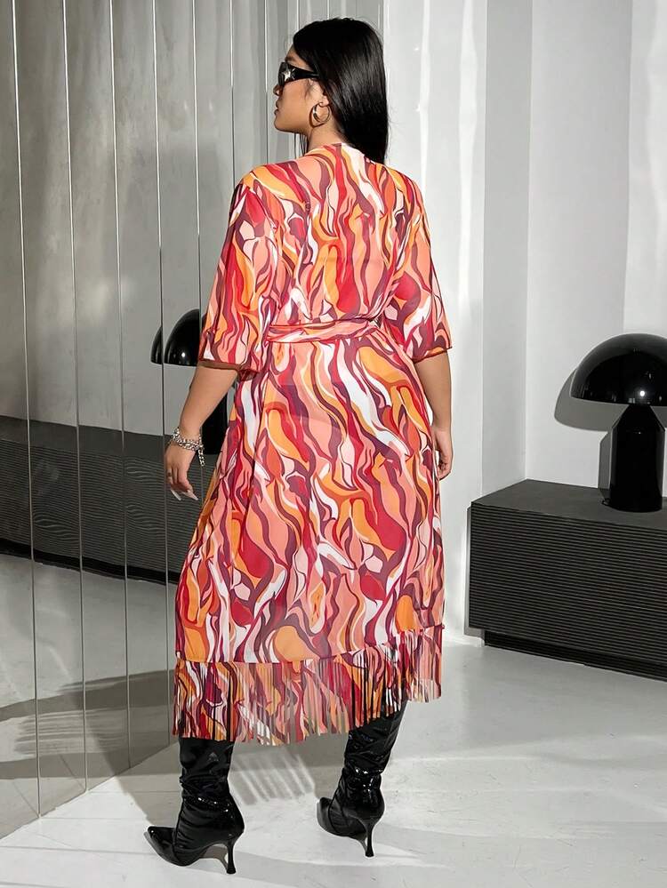Women'S Plus Size Printed Obi Belted Kimono Robe Summer
