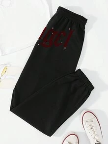 SHEIN Unity 女士字母印花彈性腰運動長褲,鑲有鑽石細節 - 黑色 - 查看 2