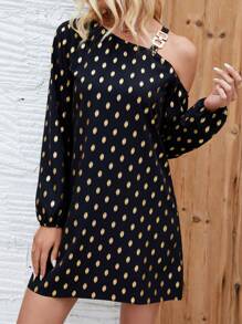 SHEIN LUNE Women's Polka Dot Printed Gold Foil Dress - Black - View 3