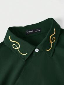 Manfinity BRENVOR Loose Fit Men's Casual Weave Pattern Long Sleeve Shirt With Diagonal Buttons, Fall - Dark Green - View 6