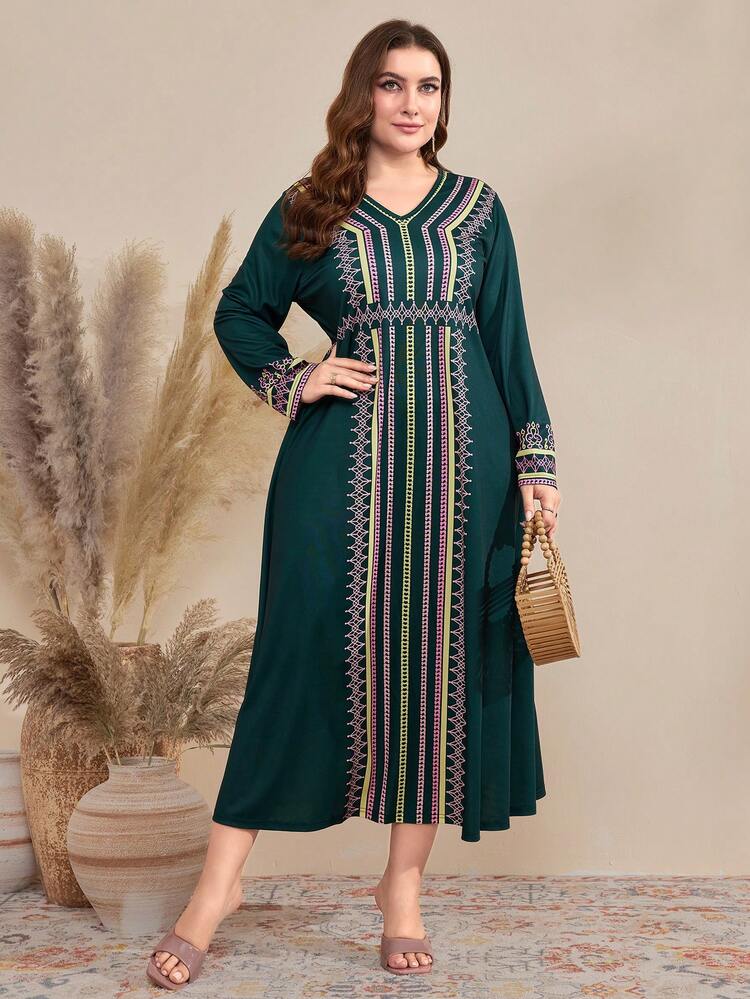 Plus Size Geometric Pattern V-Neck Long Sleeve Dress Kaftan Jalabiya Dress