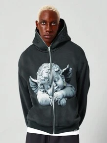 Zip Through Hoodie With Front Graphic - Dark Grey - View 1