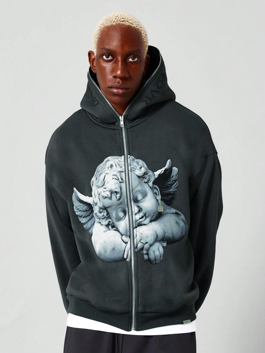 Zip Through Hoodie With Front Graphic - Dark Grey - View 1