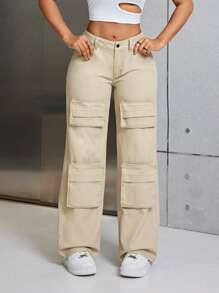 SHEIN SXY Damen Overall Jeans In Volltonfarbe - Khaki - Übersicht 6