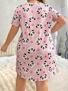 SHEIN Váy ngủ tay ngắn in hình gấu trúc dễ thương cỡ lớn, váy ngủ Moo Moo. - Hồng - Xem 2