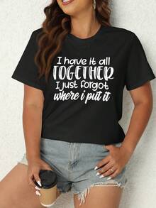 SHEIN EZwear 大尺寸女士口號印花圓領t恤 - 黑色 - 查看 4