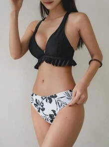 DAZY Summer Beach Plant Print Crisscross Tie Backless Vest Style Tankini Set,Ruffle - Black and White - View 4