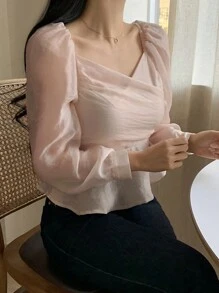 DAZY 女式甜心领口修腰长袖上衣 - 杏色 - 查看 1