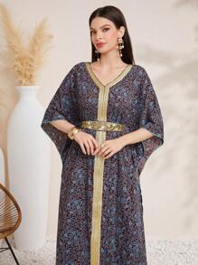 Al Najma Patchwork Sequin Embroidery V-Neck Dress Kaftan Jalabiya Dress - Multicolor - View 5