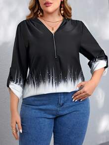 SHEIN LUNE 大尺碼女士對比色拉鍊半扣衬衫 - 黑色 - 查看 6