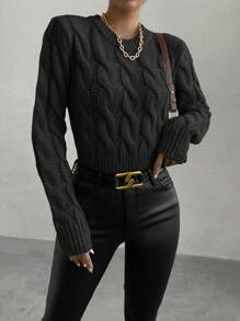 Chiquease Solid Cable Knit Sweater,Long Sleeve Tops Knit Pullover Fall Winter Sweater - Black - View 4