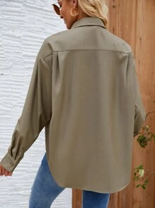SHEIN LUNE Camisa De Manga Larga De Color Sólido - Verde militar - Ver 2