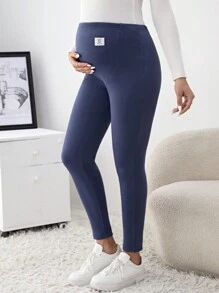 SHEIN 孕婦彈力褲,帶有可調節腰帶和拼接細節 - 藏蓝色 - 查看 3