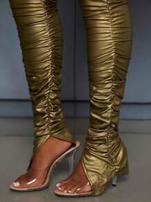 Slaydiva Metallic Split Hem Wrinkle Bottom Skinny Pants - Green - View 5