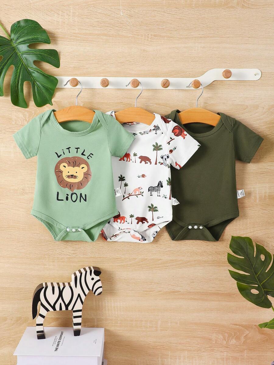 Bộ đồ liền thân dệt kim nhiều màu in hình sư tử và khủng long đáng yêu cho bé trai mặc ở nhà, 3 món - Nhiều màu - Xem 1