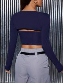 SHEIN PETITE Women'S Solid Color Strapless Long Sleeve Top - Navy Blue - View 2